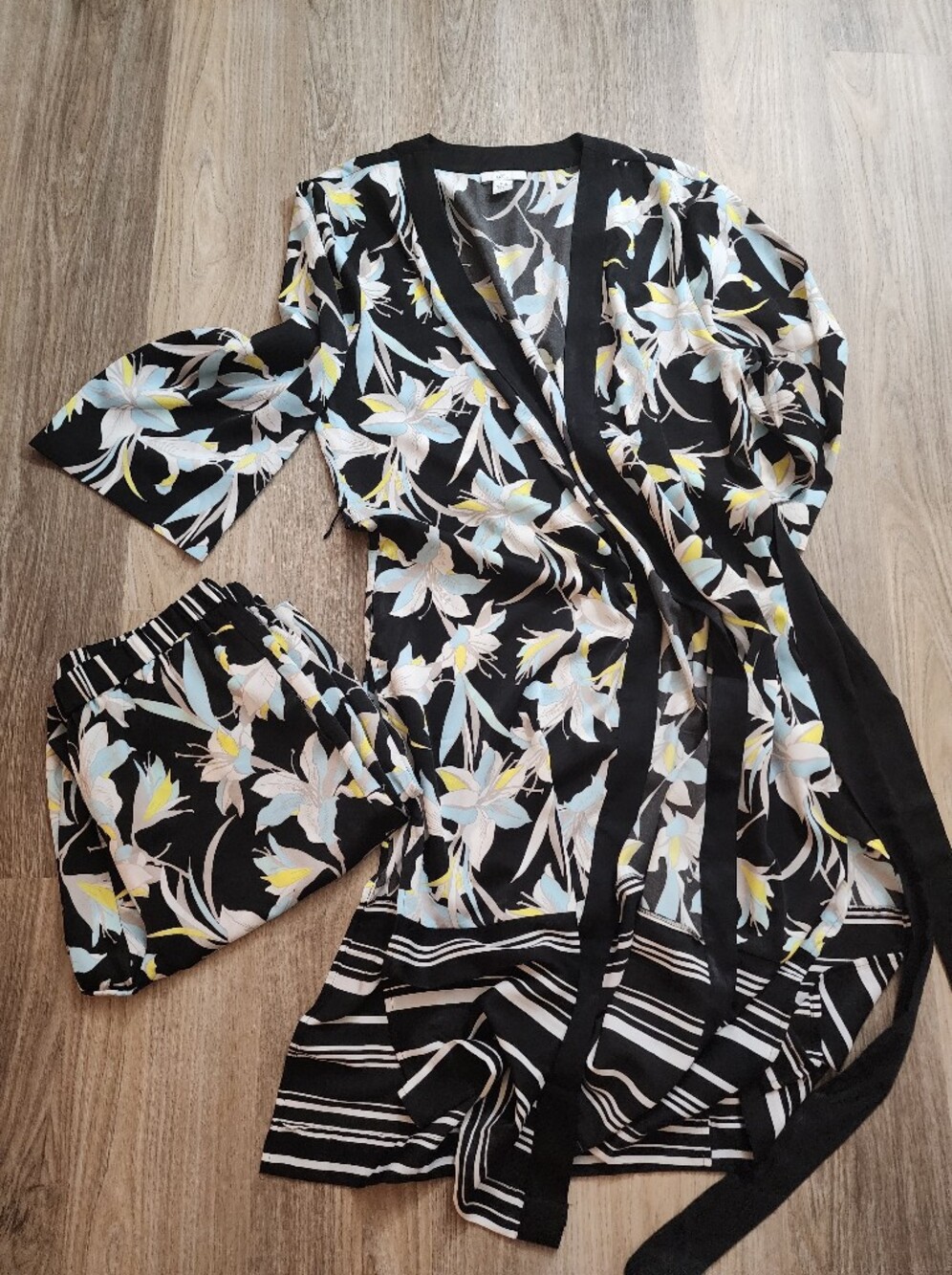 Bar III Black Floral Wrap Tunic And Pants Set with Blue and Yellow Accents